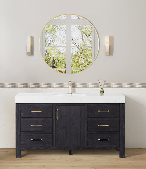 Issac Edwards 60in. Free-standing Single Bathroom Vanity in Fir Wood Black with Composite top in Lightning White and Mirror