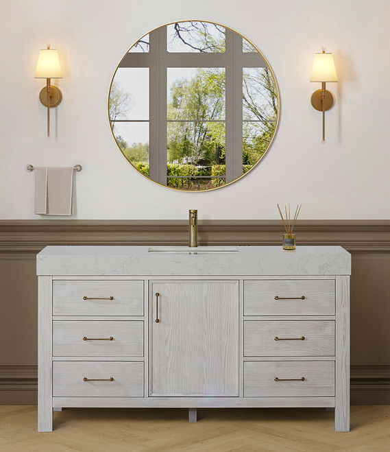 Issac Edwards 60in. Free-standing Single Bathroom Vanity in Washed White with Composite top in Lightning White and Mirror
