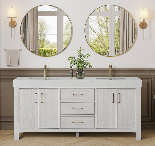 Issac Edwards 60in. Free-standing Double Bathroom Vanity in Washed White with Composite top in Lightning White and Mirror