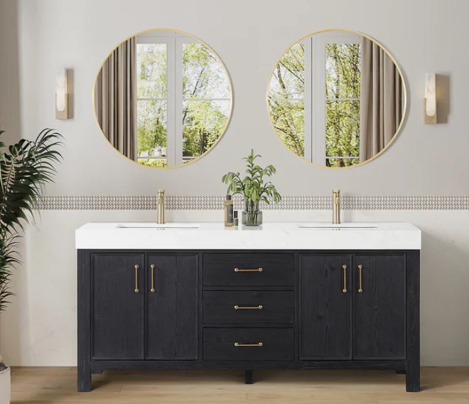 Issac Edwards 72in. Free-standing Double Bathroom Vanity in Fir Wood Black with Composite top in Lightning White and Mirror