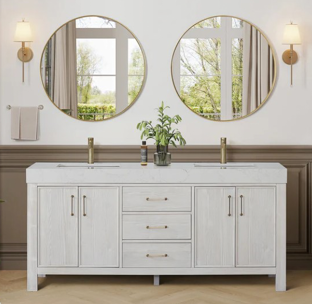 Issac Edwards 72in. Free-standing Double Bathroom Vanity in Washed White with Composite top in Lightning White and Mirror