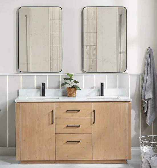 Issac Edwards 60 Free-standing Double Bath Vanity in Fir Wood Brown with White Grain Composite Stone Top and Mirror