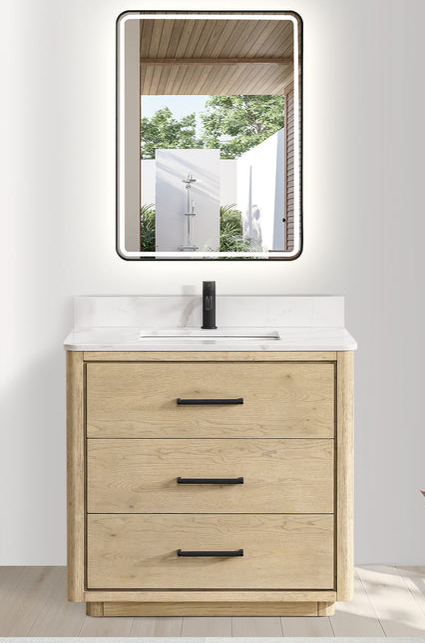 Issac Edwards 36" Free-standing Single Bath Vanity in Aged Natural Oak with Fish Maw White Quartz Stone Top and Mirror