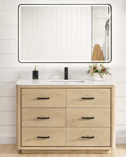 Issac Edwards 48" Free-standing Single Bath Vanity in Aged Dark Brown Oak with Fish Maw White Quartz Stone Top and Mirror
