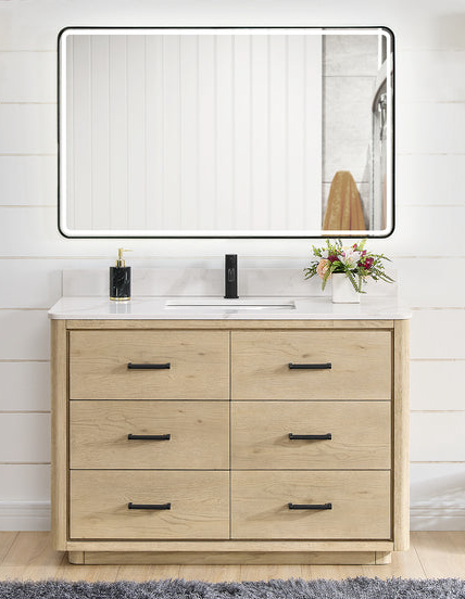 Issac Edwards 48" Free-standing Single Bath Vanity in Aged Natural Oak with Fish Maw White Quartz Stone Top and Mirror