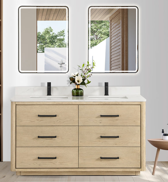 Issac Edwards 60M" Free-standing Double Bath Vanity in Aged Natural Oak with Fish Maw White Quartz Stone Top and Mirror