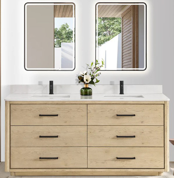 Issac Edwards 72" Free-standing Double Bath Vanity in Aged Natural Oak with Fish Maw White Quartz Stone Top and Mirror