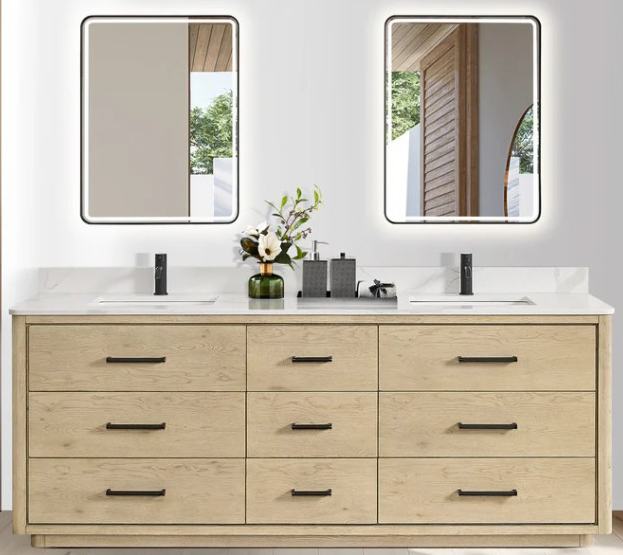 Issac Edwards 84" Free-standing Double Bath Vanity in Aged Natural Oak with Fish Maw White Quartz Stone Top and Mirror