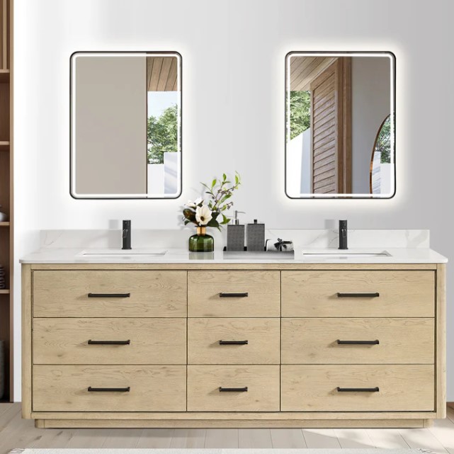 Issac Edwards 84" Free-standing Double Bath Vanity in Aged Natural Oak with Fish Maw White Quartz Stone Top and Mirror