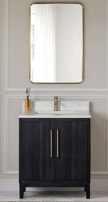 Issac Edwards 30" Free-standing Single Bath Vanity in Fir Wood Black with White Grain Composite Stone Top and Mirror