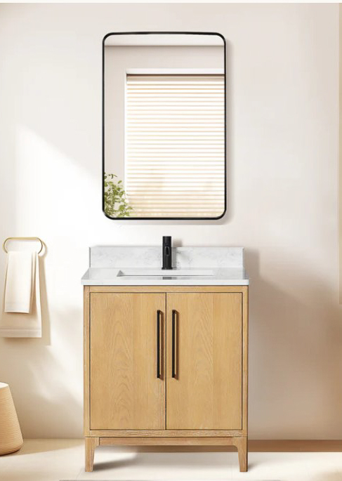 Issac Edwards 30" Free-standing Single Bath Vanity in Washed Ash Grey with White Grain Composite Stone Top and Mirror