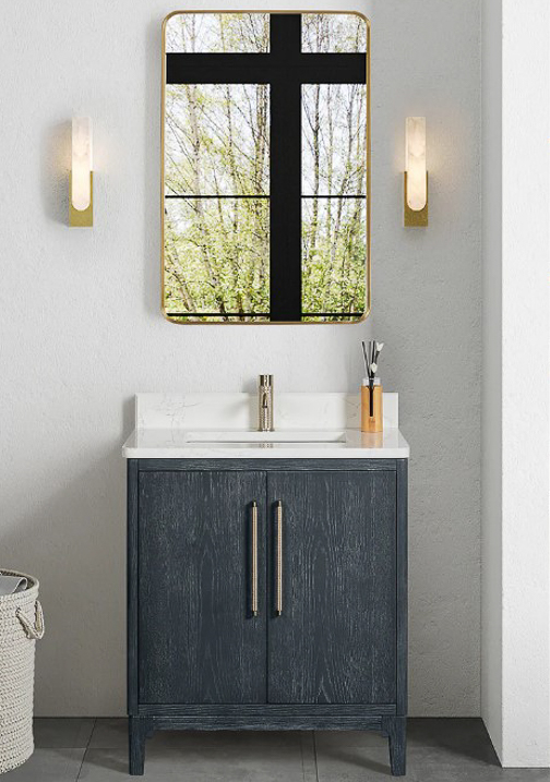 Issac Edwards 30" Free-standing Single Bath Vanity in Washed Blue with White Grain Composite Stone Top and Mirror