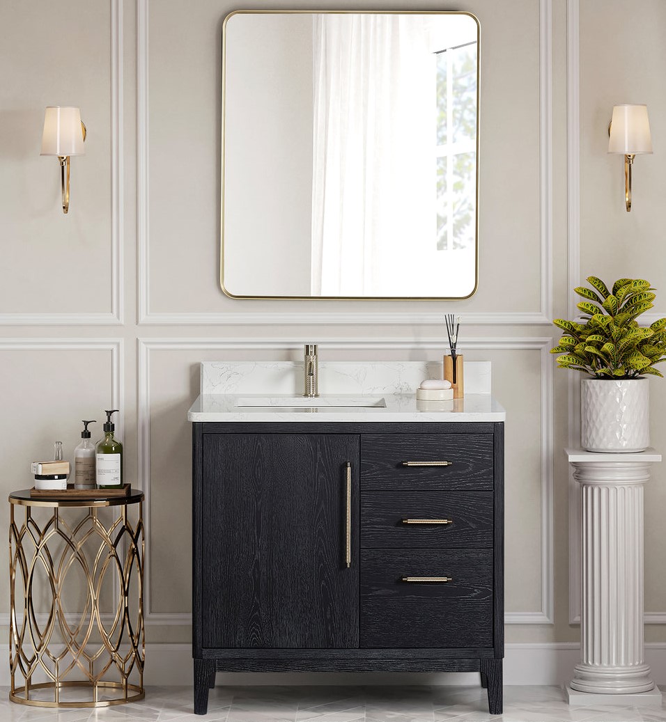 Issac Edwards 36" Free-standing Single Bath Vanity in Fir Wood Black with White Grain Composite Stone Top and Mirror