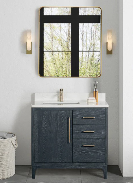 Issac Edwards 36" Free-standing Single Bath Vanity in Washed Blue with White Grain Composite Stone Top and Mirror