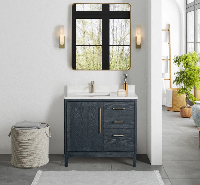 Issac Edwards 36" Free-standing Single Bath Vanity in Washed Blue with White Grain Composite Stone Top and Mirror