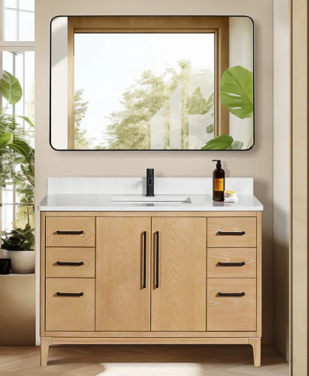 Issac Edwards 48" Free-standing Single Bath Vanity in Washed Ash Grey with White Grain Composite Stone Top and Mirror