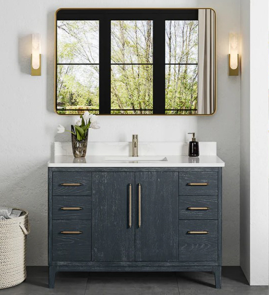 Issac Edwards 48" Free-standing Single Bath Vanity in Washed Blue with White Grain Composite Stone Top and Mirror