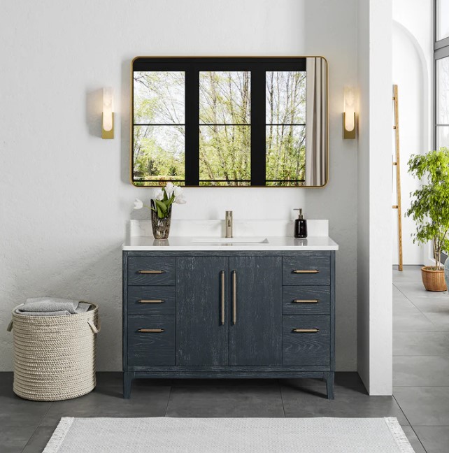 Issac Edwards 48" Free-standing Single Bath Vanity in Washed Blue with White Grain Composite Stone Top and Mirror