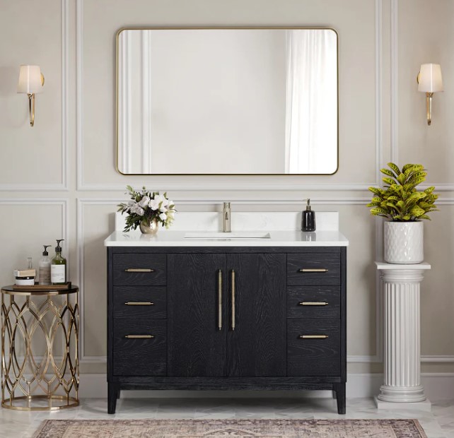 Issac Edwards 48" Free-standing Single Bath Vanity in Fir Wood Black with White Grain Composite Stone Top and Mirror