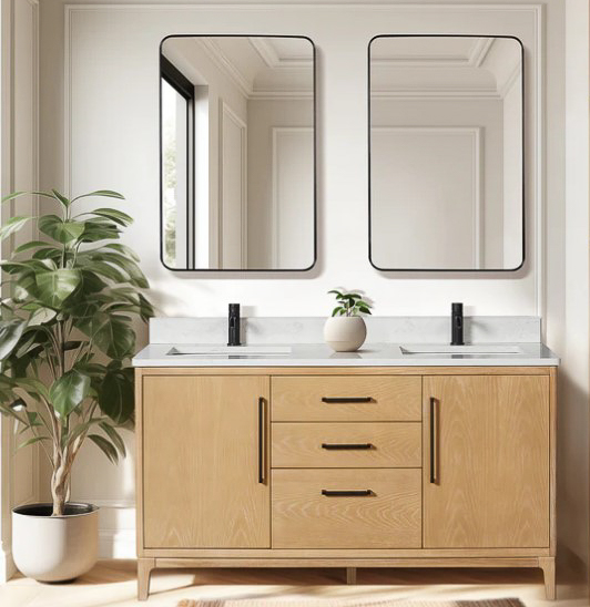 Issac Edwards 60M" Free-standing Double Bath Vanity in Washed Ash Grey with White Grain Composite Stone Top and Mirror