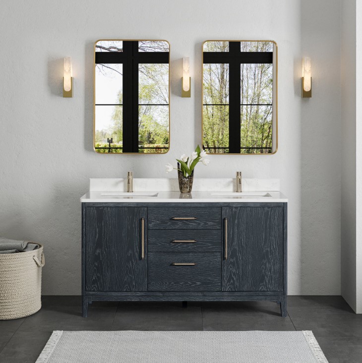 Issac Edwards 60M" Free-standing Double Bath Vanity in Washed Blue with White Grain Composite Stone Top and Mirror