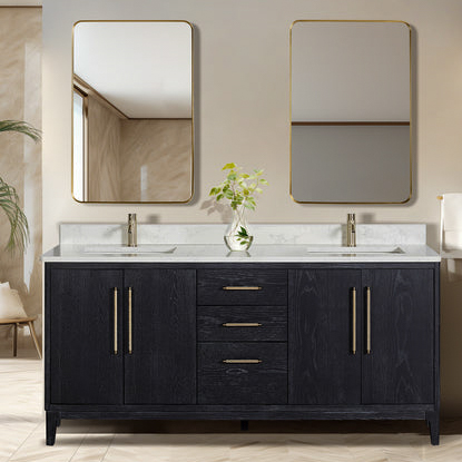 Issac Edwards 72" Free-standing Double Bath Vanity in Fir Wood Black with White Grain Composite Stone Top and Mirror