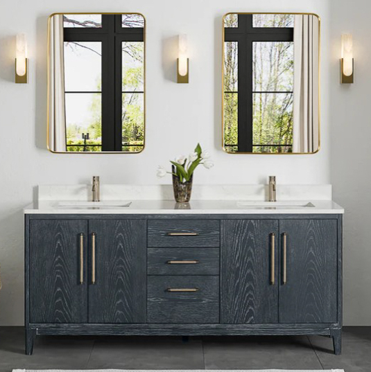 Issac Edwards 72" Free-standing Double Bath Vanity in Washed Blue with White Grain Composite Stone Top and Mirror