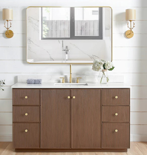 Issac Edwards 60" Free-standing Single Bath Vanity in Aged Dark Brown Oak with Fish Maw White Quartz Stone Top and Mirror