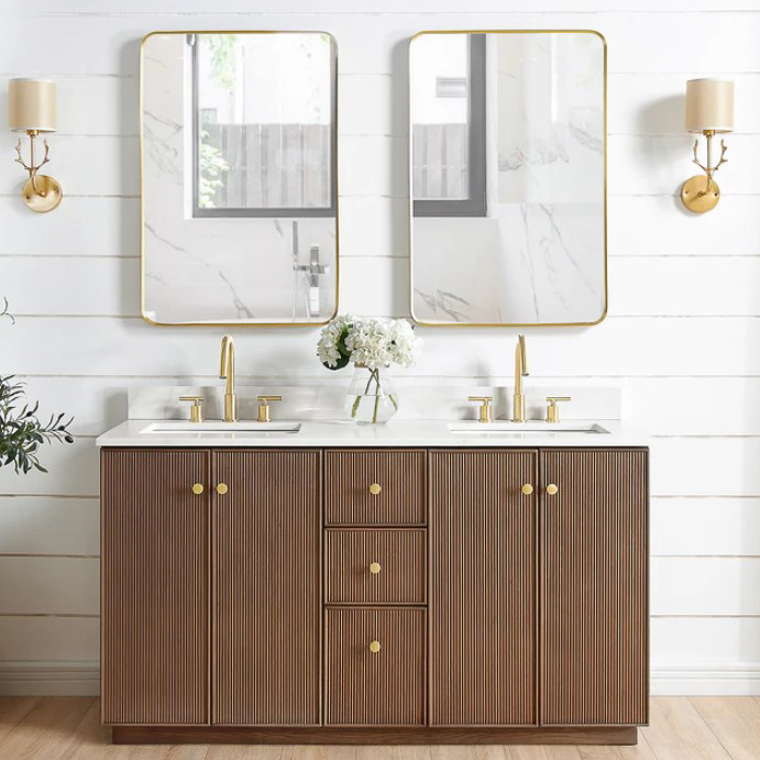 Issac Edwards 60" Free-standing Double Bath Vanity in Aged Dark Brown Oak with Fish Maw White Quartz Stone Top and Mirror