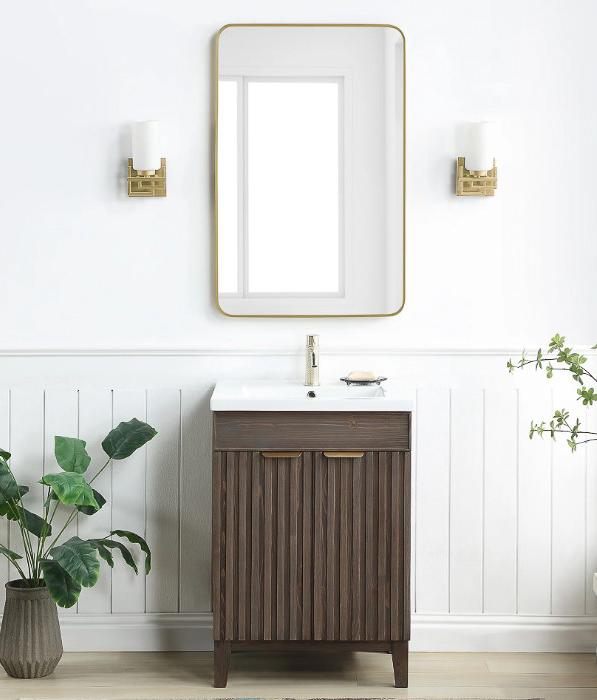 Issac Edwards 24" Free-standing Single Bath Vanity in Spruce Antique Brown with Drop-In White Ceramic Basin Top and Mirror