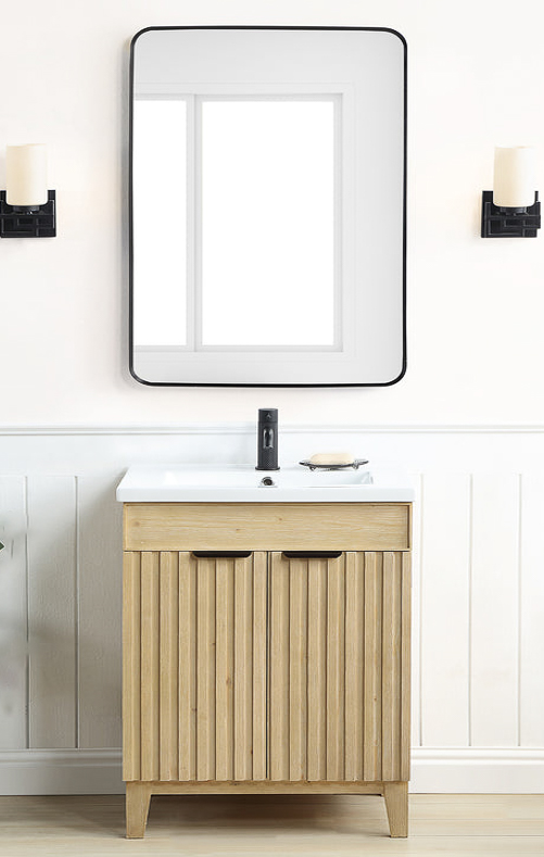 Issac Edwards 24" Free-standing Single Bath Vanity in Spruce Natural Brown with Drop-In White Ceramic Basin Top and Mirror