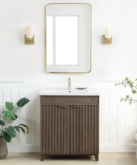 Issac Edwards 30" Free-standing Single Bath Vanity in Spruce Antique Brown with Drop-In White Ceramic Basin Top and Mirror