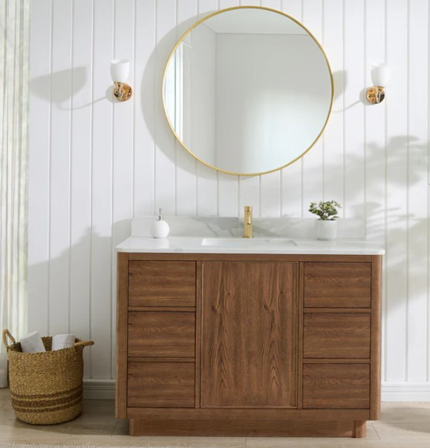 Issac Edwads 48" Floating Single Bath Vanity in Washed Ash Grey with Fish Maw White Quartz Stone Top and Mirror