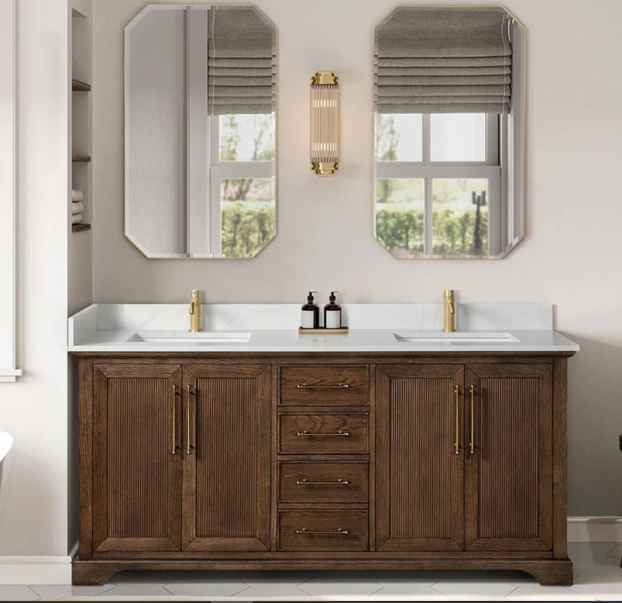 Issac Edwards 72" Freestanding Double Bath Vanity in Aged Dark Brown Oak with Silk White Quartz Stone Top and Mirror