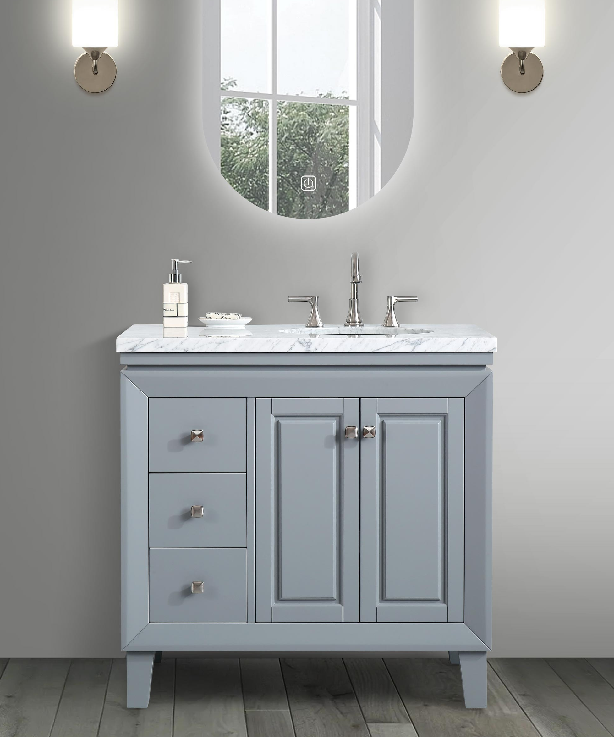 36-inch Carrara White Marble Top Single Sink on Right Side Bathroom Vanity in Gray