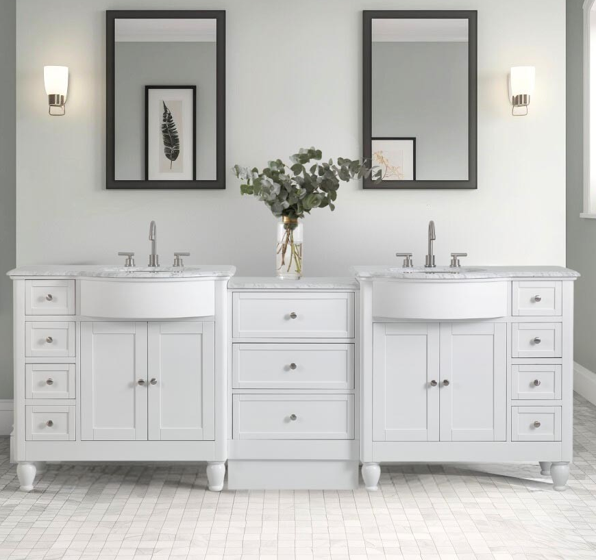 95-inch Carrara White Marble Top Double Sink Bathroom Vanity in White