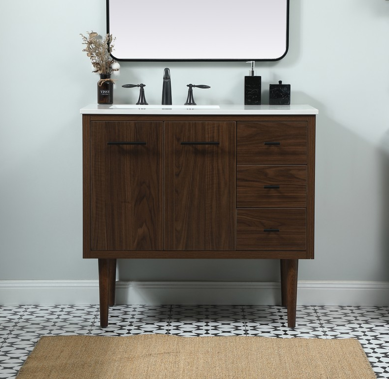 36 inch Single Bathroom Vanity in Walnut with matching Backsplash Option