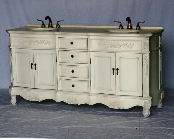 72" Adelina Antique Style Double Sink Bathroom Vanity in Antique White Finish with Beige Stone Countertop with Med Cab