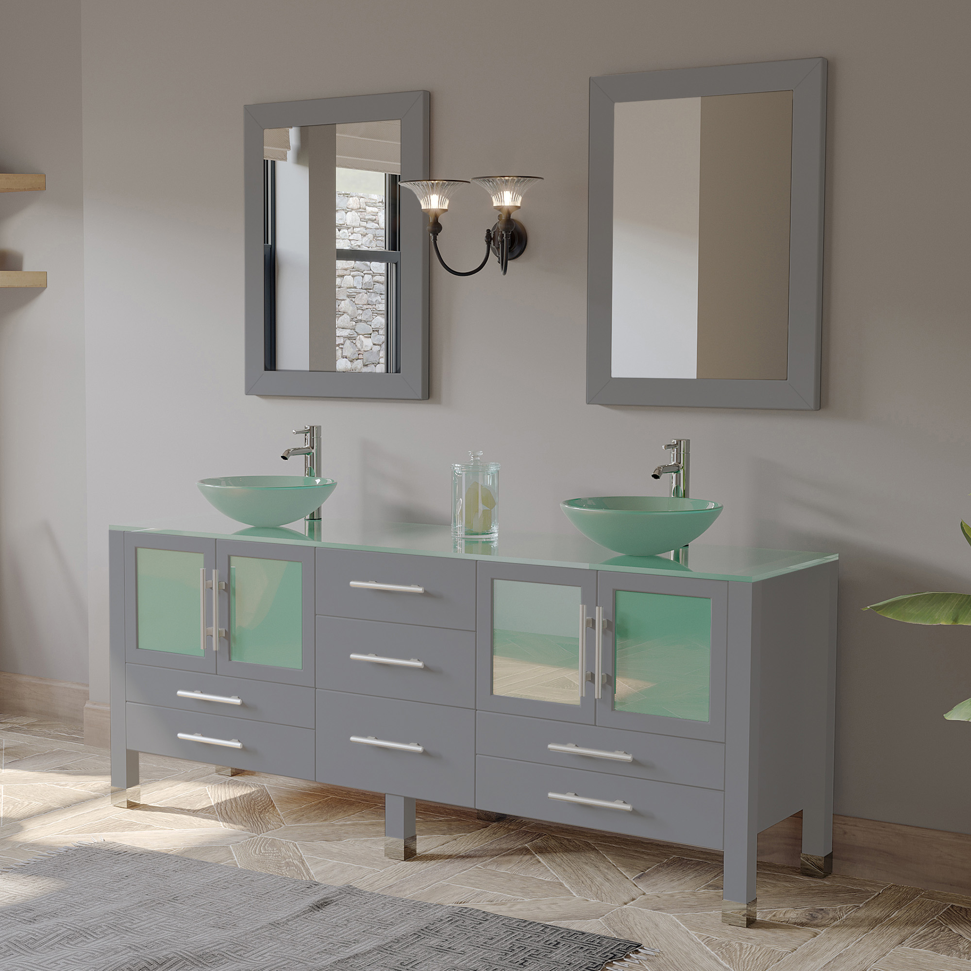 71" Double Sink Bathroom Vanity Set in Modern Gray Finish with Polished Chrome Plumbing