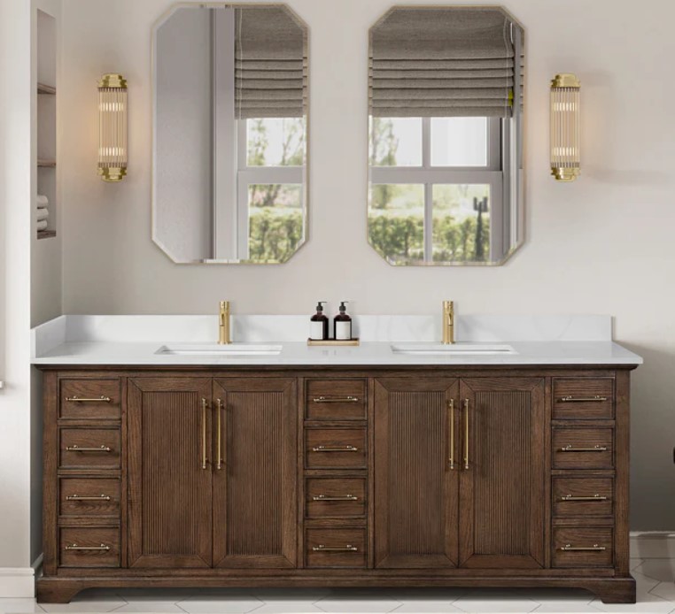 Issac Edwards 84" Freestanding Double Bath Vanity in Aged Dark Brown Oak with Silk White Quartz Stone Top and Mirror
