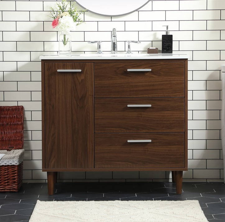 36 inch Modern Fitting Bathroom Vanity in Walnut with Backsplash Option