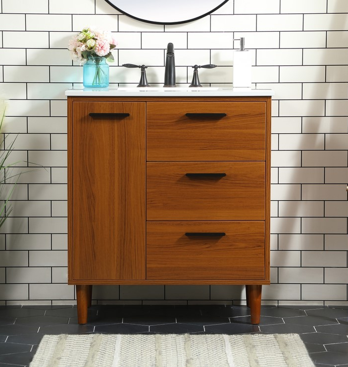 30 inch Modern Fitting Bathroom Vanity in Teak with Backsplash Option