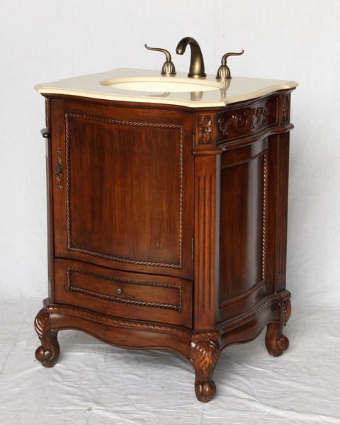 26" Adelina Antique Style Single Sink Bathroom Vanity in Walnut Finish with Beige Stone Countertop