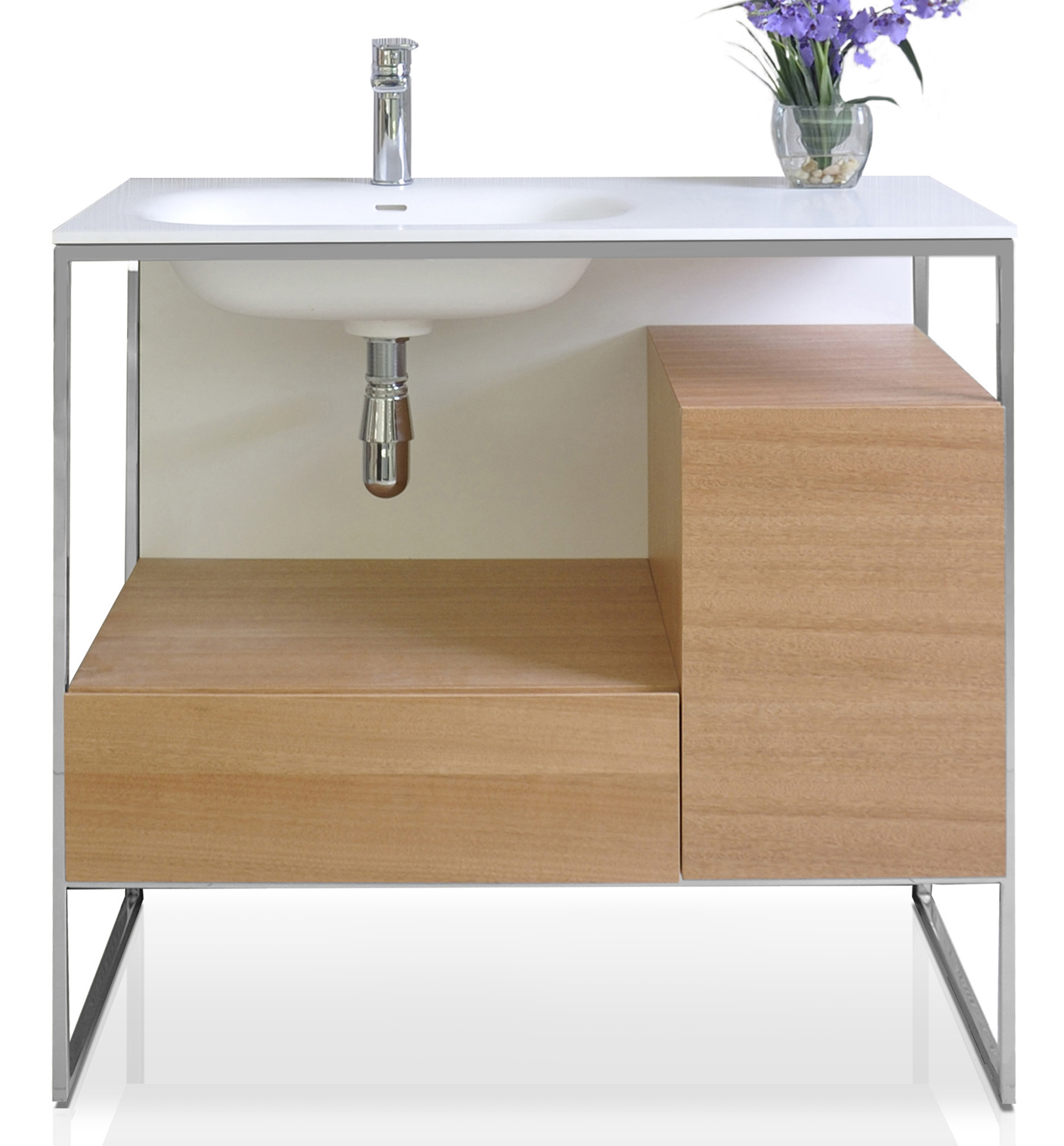 36" Bath Vanity in Natural Walnut with White Matte Seamless Solid Surface Sink top and Mirror