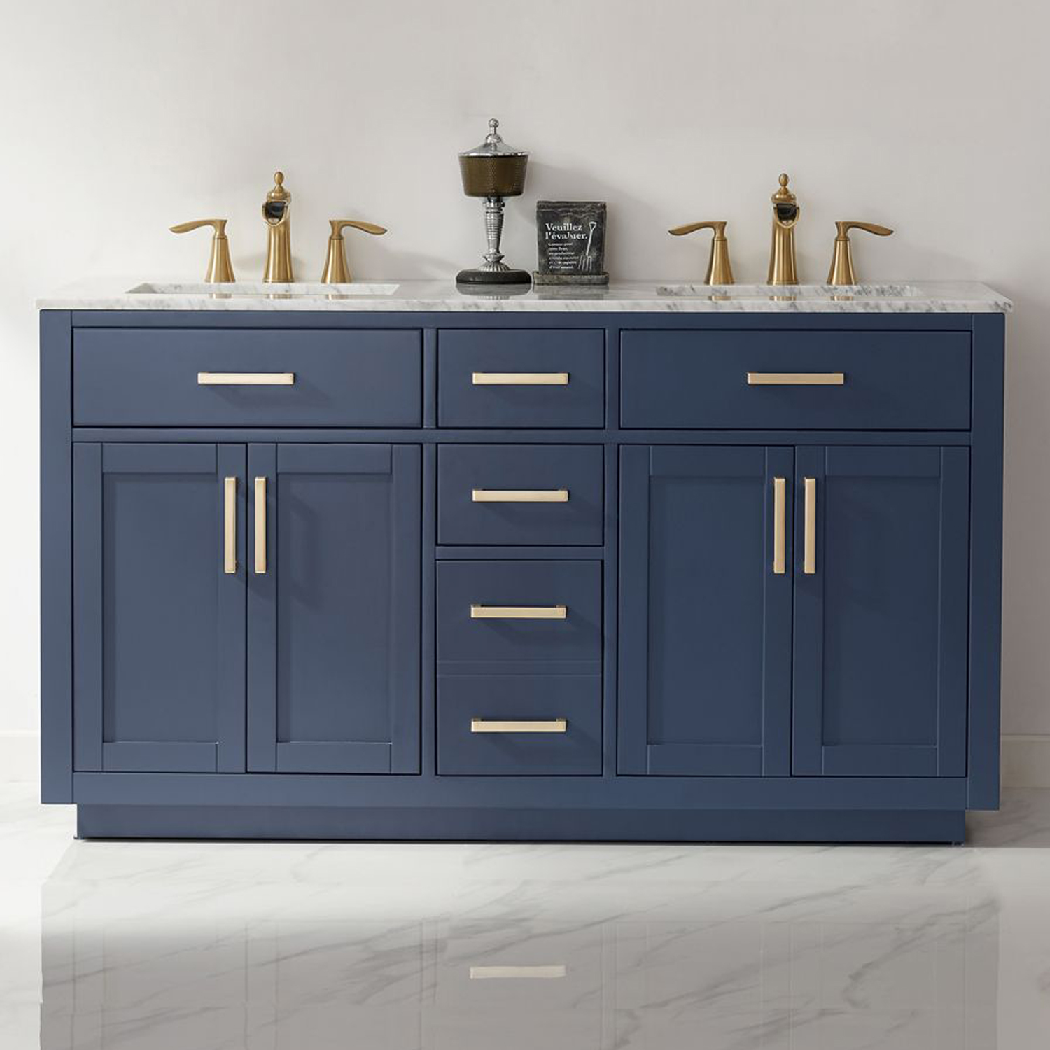 Issac Edwards Collection 60" Double Bathroom Vanity Set in RoyalBlue and Carrara White Marble Countertop without Mirror