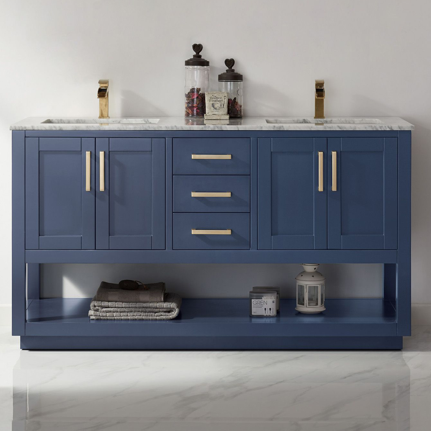 Issac Edwards Collection 60" Double Bathroom Vanity Set in RoyalBlue and Carrara White Marble Countertop with Mirror Option