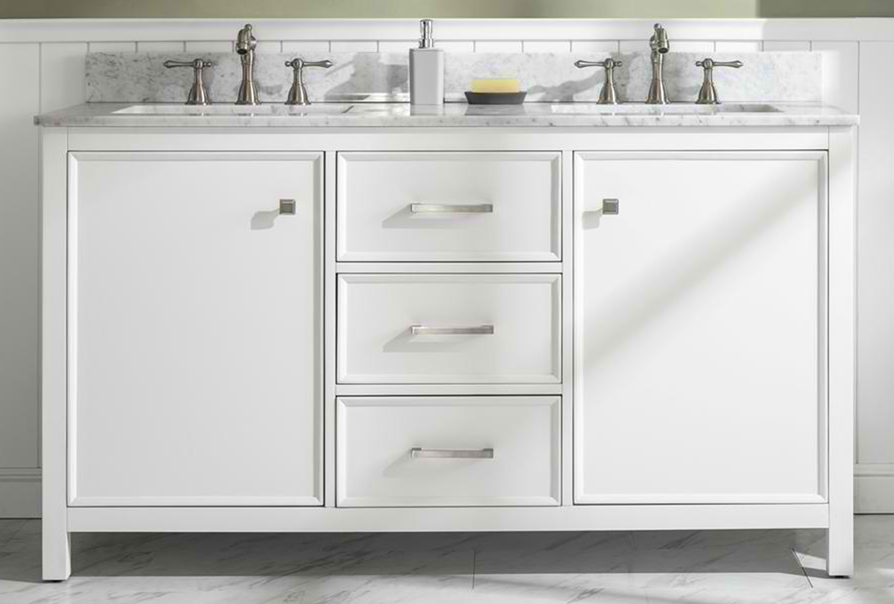 60" White Finish Double Sink Vanity Cabinet with Carrara White Top