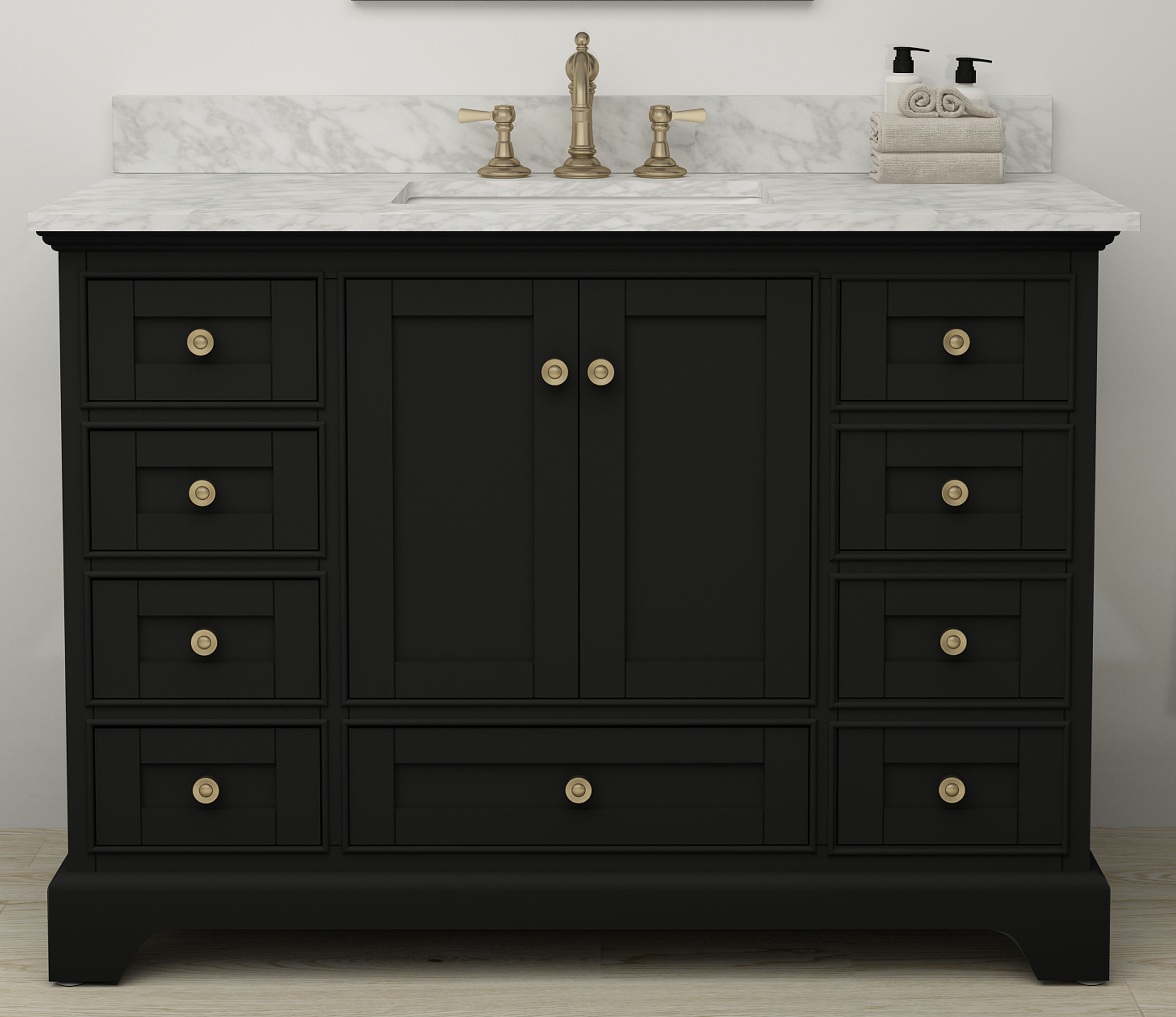 48" Bath Vanity Set in Black Onyx with Italian Carrara White Marble Vanity Top and White Undermount Basin with Gold Hardware with Mirror Option