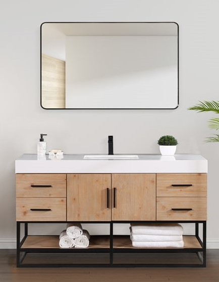 Issac Edwards 60" Single Bathroom Vanity in Light Brown with Matte Black Support Base and White Composite Stone Countertop with Mirror