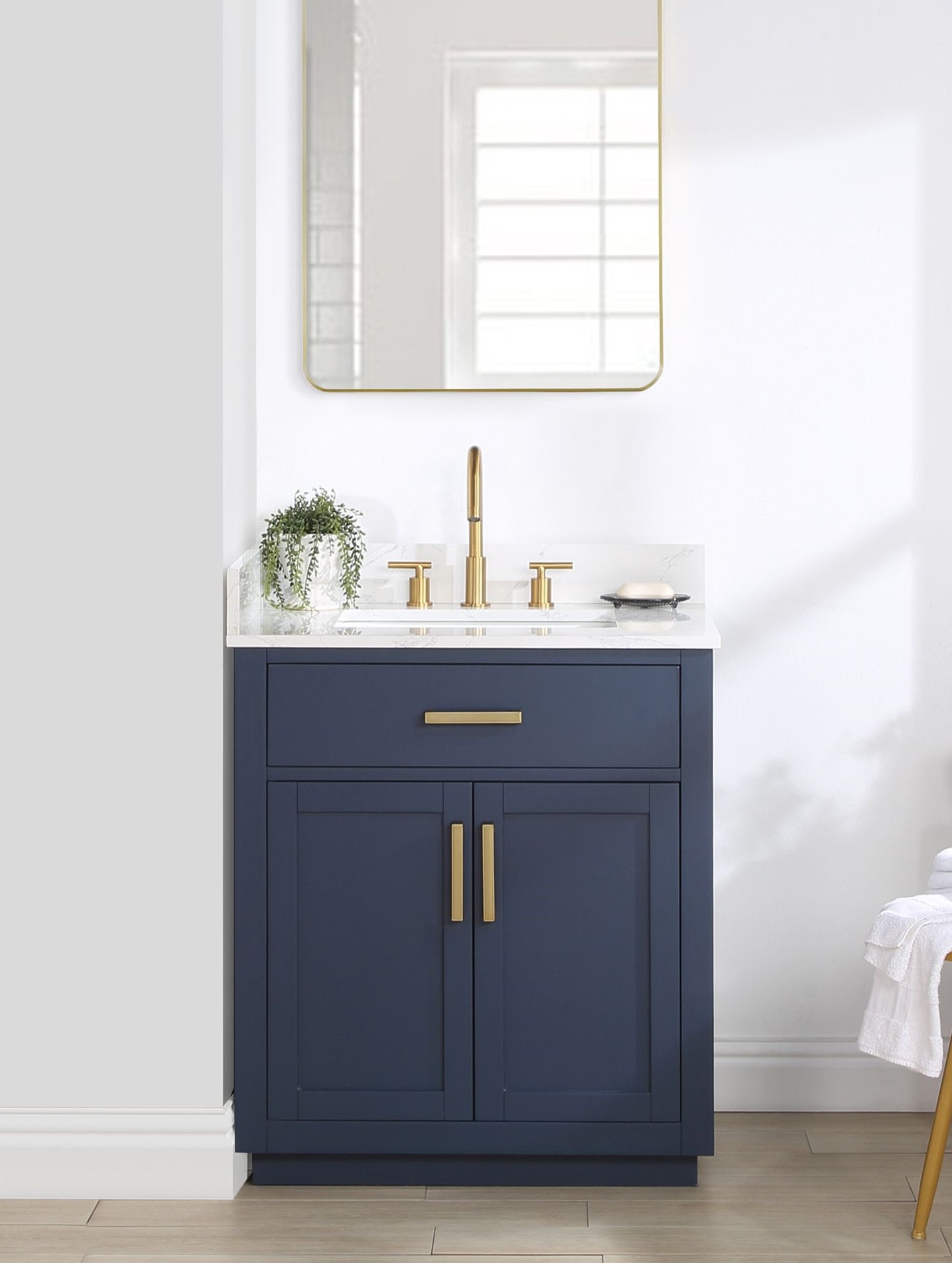Issac Edwards 30" Single Bathroom Vanity in Royal Blue with Grain White Composite Stone Countertop with Mirror